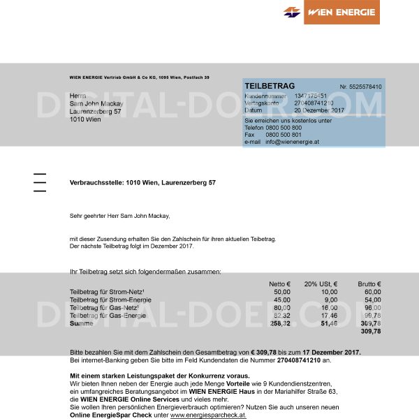 Austria Utility Bill (Wien Energie) Template PSD