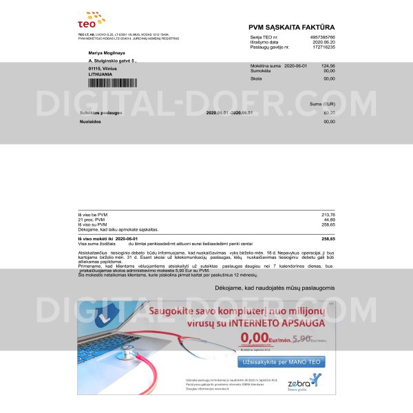 Lithuania Utility Bill (TEO) Template PSD