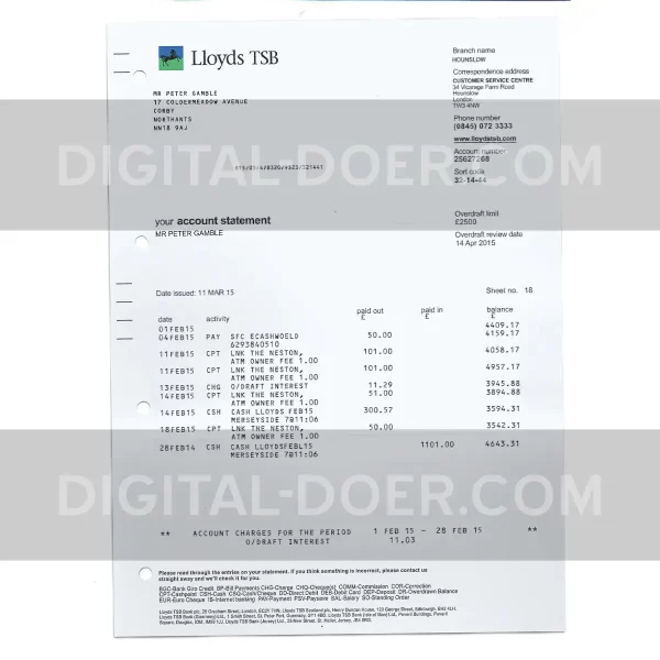 UK Bank Statement (Lloyds TSB) Template PSD